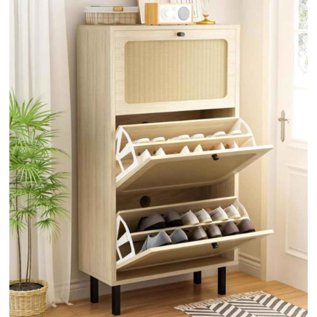 ™Elanora | ארון נעליים – מתלה עומד חופשי, 3 מגירות רתן הפוכות, מחזיק 18 זוגות נעליים