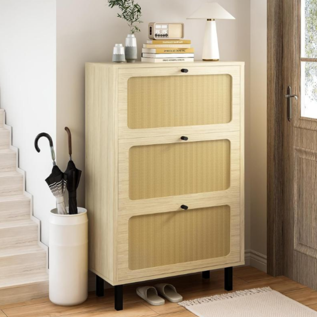 ™Elanora | ארון נעליים – מתלה עומד חופשי, 3 מגירות רתן הפוכות, מחזיק 18 זוגות נעליים