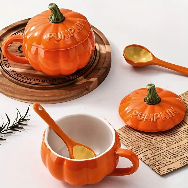 ™Verona | סט ספל דלעת קרמיקה – מכסה וכפית, מתאים למיקרוגל