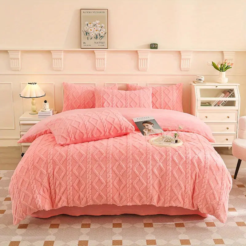 ™Ellara | סט כיסוי שמיכה גיאומטרי 3 חלקים – צבע אחיד, רך ונעים, כולל ציפיות