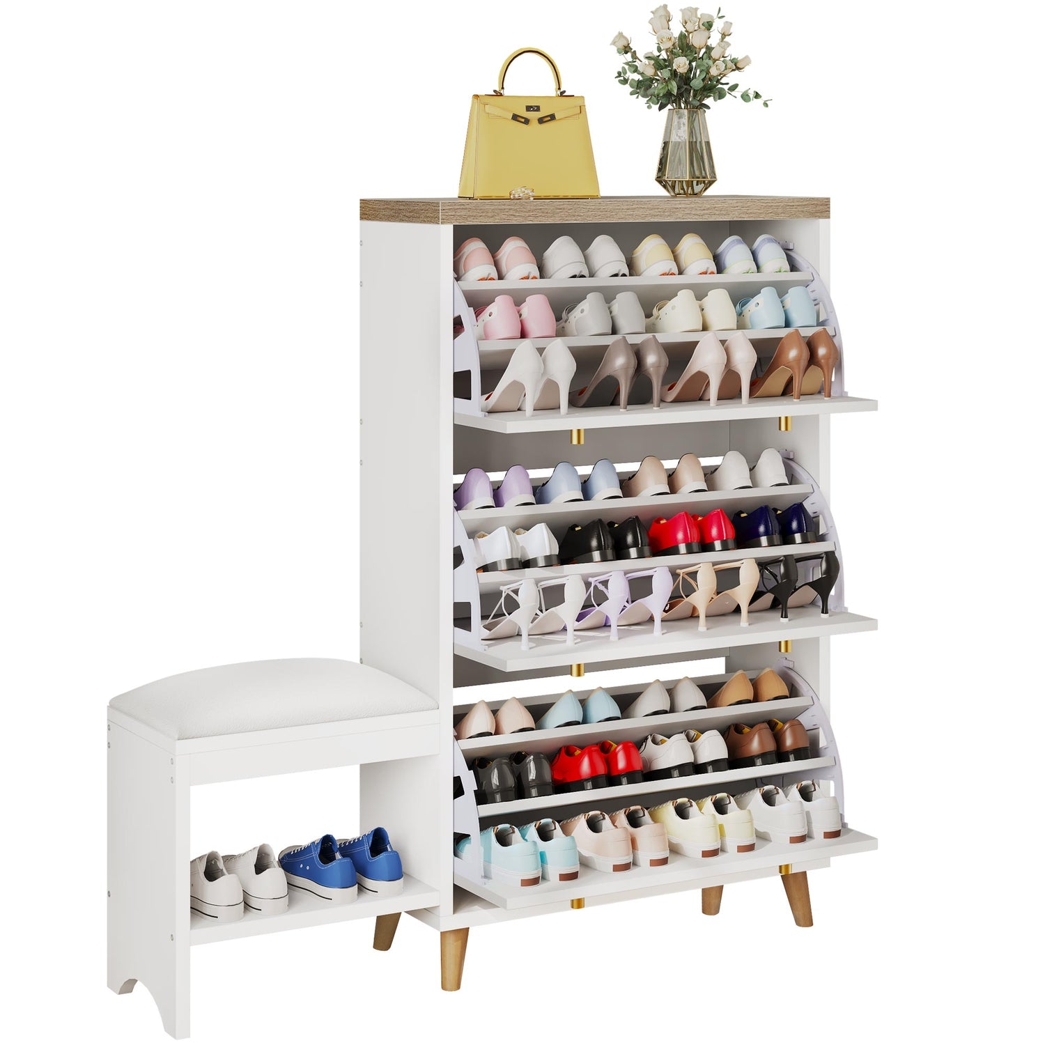 ™Veraine | ארון אחסון נעליים לבן – עם ספסל לארגון במסדרון